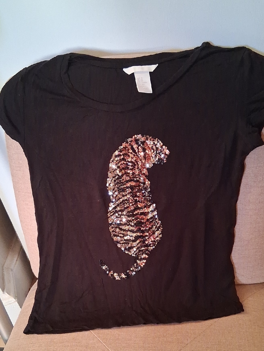H&M Black Tee with Sequin Tiger Motif